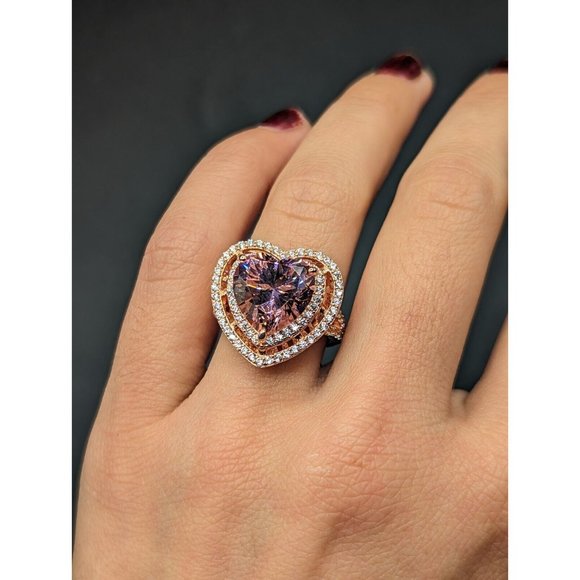Designer Signed W Sterling Silver 925 Rose Gold Plated Pink Heart Halo Ring Sz 6 - Picture 8 of 12